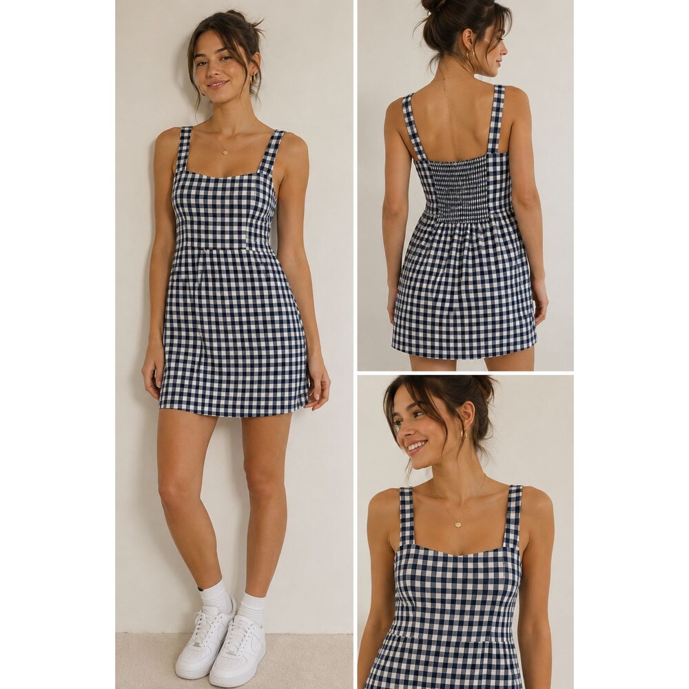 Old Navy Women L Blue Gingham Linen Blend Square Neck Cottagecore Mini Dress